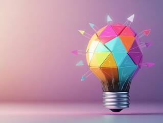 Poster - Vibrant Light Bulb Surrounded by Colorful Geometric Shapes Creating an Eye-catching Modern Art Display with a Playful and Creative Atmosphere