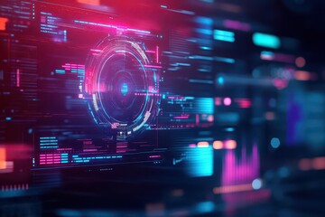 Poster - Futuristic Interface Featuring a Circular Screen with Vibrant Colors and Dynamic Elements in a High-Tech Environment Evoking Innovation and Modernity