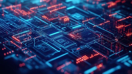 Poster - Intricate Computer Circuitry Illuminated by Vibrant Red and Blue Lights Creating a Futuristic and Technological Atmosphere in Modern Digital World