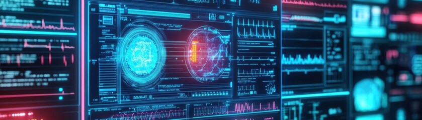 Poster - Futuristic Digital Interface Displaying Advanced Technology Features and Virtual Elements in a Sleek Modern Environment with High-Tech Aesthetics and Innovation