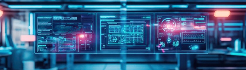 Fototapete - Futuristic Digital Interface Displaying Advanced Technology Features Against a Vibrant Blue Background Evoking Innovation and Modern Aesthetics in Design