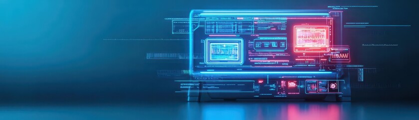 Poster - Vibrant Computer with Striking Blue and Red Neon Lights Creating a Dynamic and Futuristic Atmosphere Perfect for Modern Technology Enthusiasts