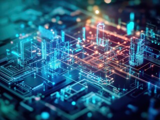 Poster - Vibrant Circuit Board Illuminated by Striking Blue and Red Lights Creating a Dynamic and Futuristic Atmosphere in a High Technology Environment