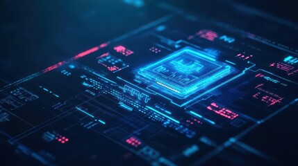 Poster - Intricate Computer Chip Design Surrounded by Vibrant Blue Background Highlighting Technology Innovation and Modern Digital Aesthetics in Electronics