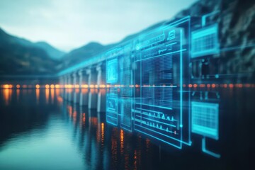 Fototapete - A Vibrant Computer Screen Illuminated by a Deep Blue Background Creating a Modern Digital Workspace Atmosphere for Creative Professionals and Innovators
