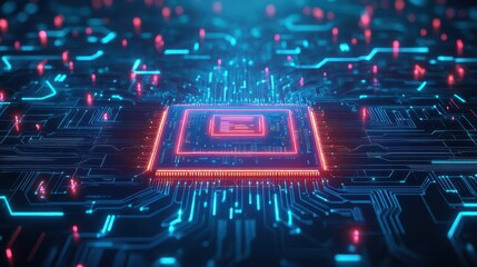 Poster - Intricate Circuit Board with Illuminated Red Light Symbolizing Technological Innovation and Modern Connectivity in a Futuristic Electronic Environment