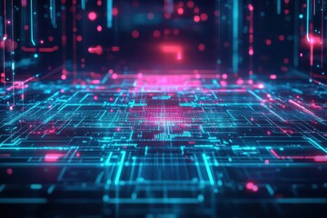 Poster - Vibrant Abstract Technology Background Featuring Glowing Lines and Dots in Dynamic Patterns Creating a Futuristic and Visually Striking Atmosphere
