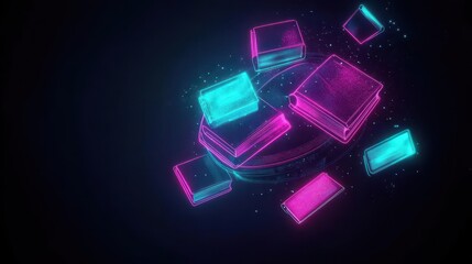Poster - Futuristic 3D Cube Design Illuminated with Vibrant Glowing Neon Lights Creating a Captivating Visual Experience in a Dark Abstract Environment