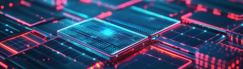 Poster - Futuristic Computer Chip Illuminated by Striking Red and Blue Lights Showcasing Advanced Technology and Innovation in a High Tech Environment