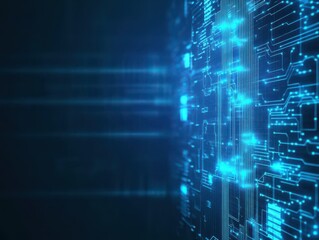 Poster - Illuminated Circuit Board with Vibrant Blue Lights and Intricate Electronic Pathways Depicting Modern Technology and Innovation in a Futuristic Setting