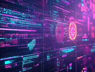 Fototapete - Futuristic Digital Interface Featuring Central Circle Symbolizing Innovation and Connectivity in a Modern Technology Landscape with Abstract Design Elements