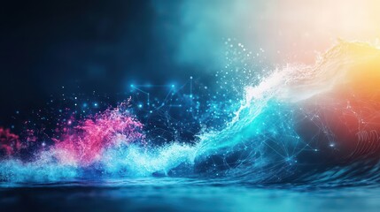 Poster - Vibrant Ocean Wave Illuminated by Multicolored Lights Creating an Enchanting and Dreamlike Seascape with a Sense of Movement and Energy