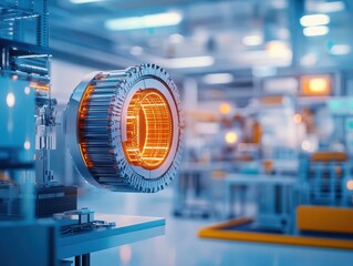 Poster - Close Up of Industrial Machine Featuring Bright Light Illuminating Detailed Components and Textures Evoking a Sense of Modern Technology and Precision