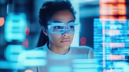 Poster - Focused Woman Wearing Glasses Engaged with Computer Screen Illuminated by Soft Light Creating an Atmosphere of Concentration and Productivity