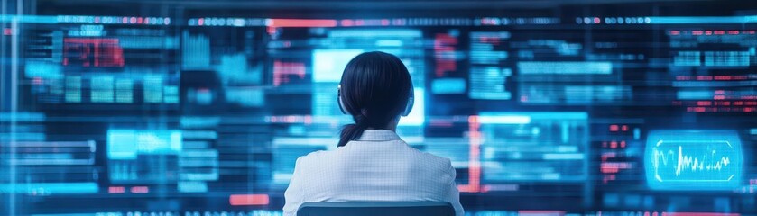 Poster - Professional Woman in Elegant White Suit Sitting at Modern Desk Surrounded by Multiple Large Screens in a Contemporary Office Environment