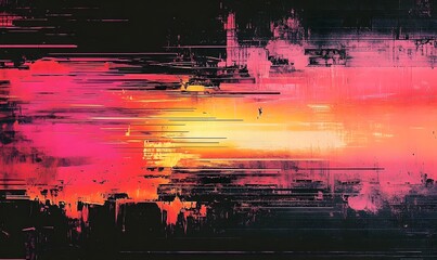 Poster - Abstract Pink and Orange Glitch Art Landscape with Digital Brush Strokes