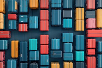 Poster - Colorful assortment of vintage suitcases stacked in a creative wall arrangement evoking nostalgia and travel memories in a bright indoor environment
