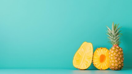 Poster - Vibrant Pineapples Displayed on a Bright Turquoise Background Evoking Tropical Vibes and a Fresh Summer Aesthetic in a Playful and Colorful Setting