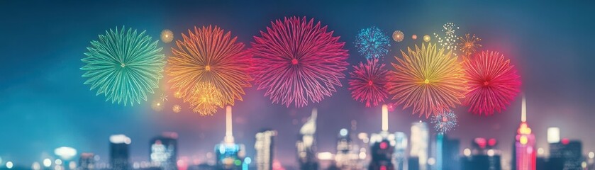 Poster - Vibrant Fireworks Exploding Over a Bustling Cityscape at Night Creating a Spectacular Display of Color and Light Against the Urban Skyline