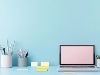 Poster - Modern Laptop on a Wooden Desk Surrounded by Stationery and Soft Lighting Creating a Productive and Cozy Workspace Atmosphere for Focused Work