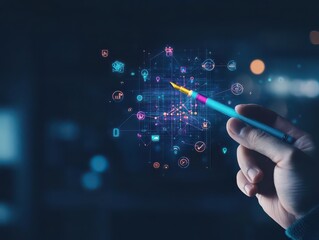 Poster - Creative Hand Skillfully Holding Pencil While Drawing Detailed Digital Interface Concept on Blank Canvas Representing Modern Artistic Innovation and Design