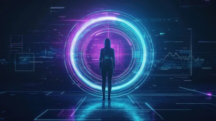 Poster - Captivating Image of a Woman Standing Gracefully in Front of a Modern Futuristic Tunnel Evoking a Sense of Wonder and Mystery in Urban Environment