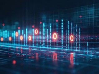 Poster - Futuristic Digital Interface Displaying Bright Red Circular Element Surrounded by Abstract Technology Patterns Evoking Innovation and Modernity