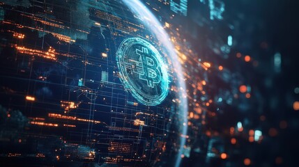 Poster - Shimmering Bitcoin Coin Resting on a Futuristic Digital Screen Representing Cryptocurrency Investment and the Modern Financial Landscape of Technology