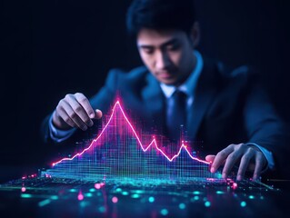 Poster - confident businessman in elegant suit analyzing neon chart data in modern office environment reflect