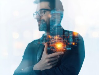 Poster - Professional Man in Elegant Suit Holding a Virtual Reality Device in a Modern Office Setting Reflecting Innovation and Technology in Business Environments