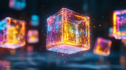 Poster - colorful glowing cubes floating in a futuristic digital space