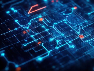Poster - Vibrant Circuit Board with Illuminating Blue and Orange Lights Creating a Dynamic and Futuristic Atmosphere Showcasing Technology and Innovation