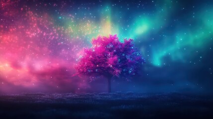 Poster - A Majestic Tree Standing Alone in a Vibrant Field Illuminated by Colorful Lights Creating a Dreamy and Enchanting Atmosphere for Nature Lovers