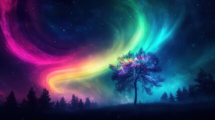 Poster - Enchanting Tree Adorned with Vibrant Colorful Lights Illuminating the Night Sky Creating a Magical and Festive Atmosphere for All to Enjoy