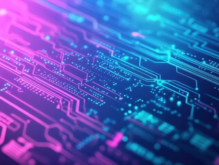 Poster - Futuristic Computer Circuitry Set Against a Vibrant Blue and Pink Background Creating a Dynamic and High-Tech Visual Experience for Innovation