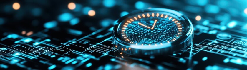 Poster - Illuminated Digital Clock Display on a Complex Circuit Board Capturing the Essence of Modern Technology and Precision in a High-Tech Environment