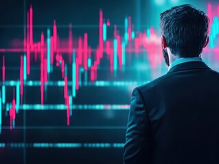  - Businessman in Formal Attire Analyzing Financial Trends on Stock Market Chart Display Representing Investment Strategies and Economic Insights