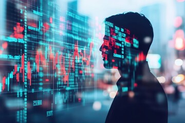 Poster - focused man analyzing digital stock market data on screen surrounded by financial reports and graphs