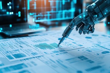 Poster - A Robotic Hand Skillfully Manipulating a Detailed Blueprint Document in a Modern Workspace Representing Innovation Technology and Futuristic Engineering Design
