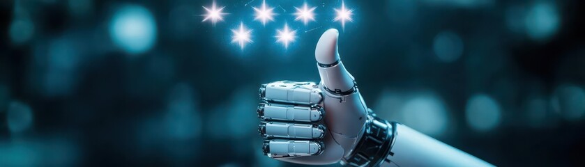 Poster - A Futuristic Robot Hand Grasping a Bright Glowing Star Against a Dark Mysterious Background Evoking Wonder and Innovation in Modern Technology