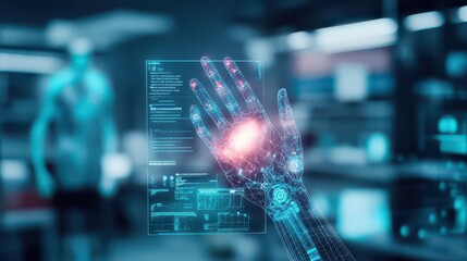 Poster - A hand gently interacting with a vibrant virtual interface showcasing futuristic technology in a dynamic and immersive digital environment