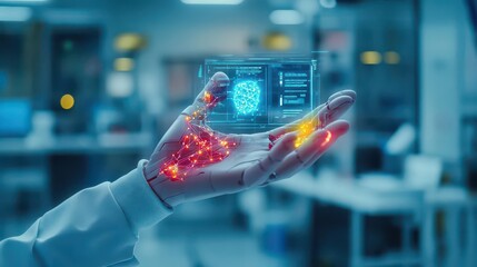 Poster - Person Holding Tablet Displaying Detailed Brain Scan in a Modern Setting with Soft Ambient Lighting Creating a Focused and Scientific Atmosphere