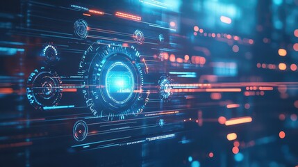 Fototapete - Futuristic Digital Interface Displaying Advanced Technology Concepts with Neon Colors and High-Tech Graphics Creating an Innovative and Engaging Atmosphere