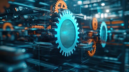 Poster - Vibrant Blue and Orange Gear Wheel Against a Deep Black Background Symbolizing Industry Innovation and Mechanical Precision in Modern Design Aesthetic