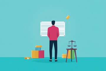 Poster - A focused man stands before a whiteboard illustrating a balance scale symbolizing equity and justice in an educational and professional setting