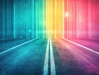 Poster - Vibrant Nighttime Road Scene Illuminated by Colorful Lights and Dynamic Lines Creating a Lively and Energetic Atmosphere for Urban Exploration