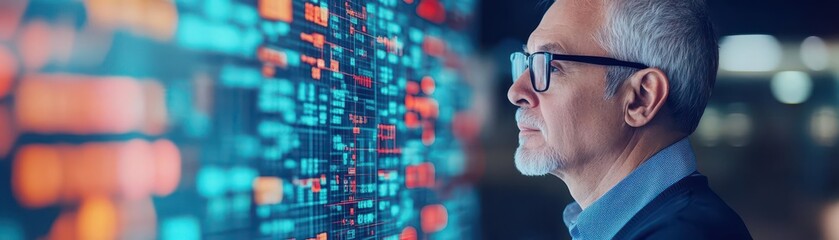 Poster - contemplative man analyzing complex wall of data surrounded by high tech environment capturing the e