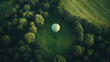 © IA Tuga - A stunning aerial perspective of a single green hot air balloon floating above a circular clearing surrounded by lush green trees