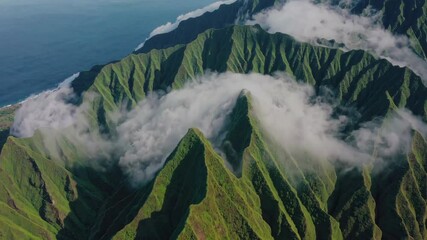 Wall Mural - Lush green mountains with mist and ocean view, aerial landscape. Nature beauty concept