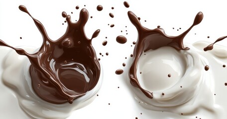 Poster - Splashes of Dark and Light Chocolate Creating Dynamic Contrast on White Background for Culinary and Beverage Themes